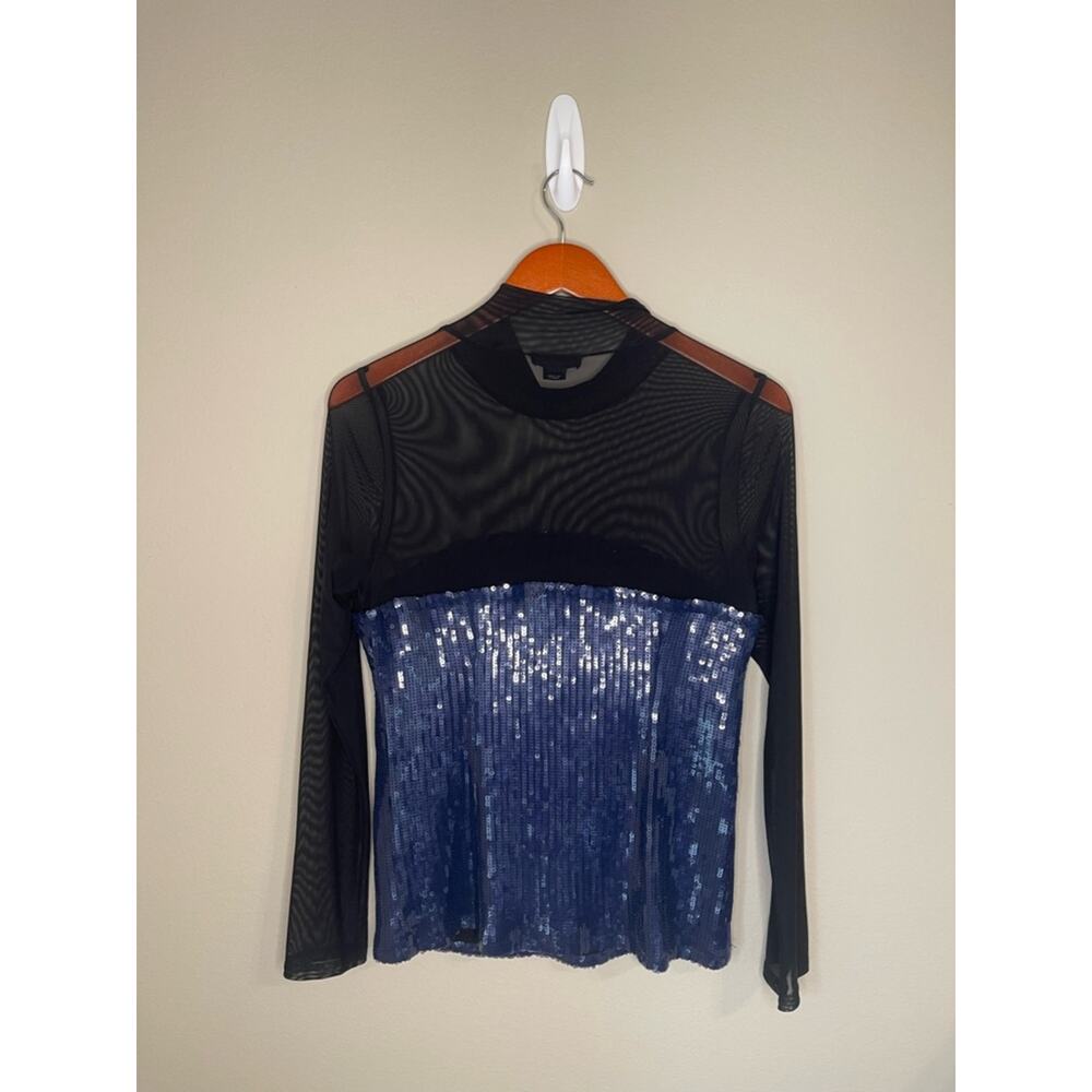 Maeve by Anthropologie Long-Sleeve Sheer Sequin Top in Black and Blue M - Picture 9 of 9